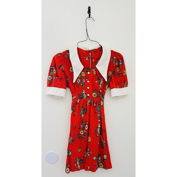 Unbranded Other - VTG 70s Retro Daisy Native American Print White Wing Collared Girls Red Dress